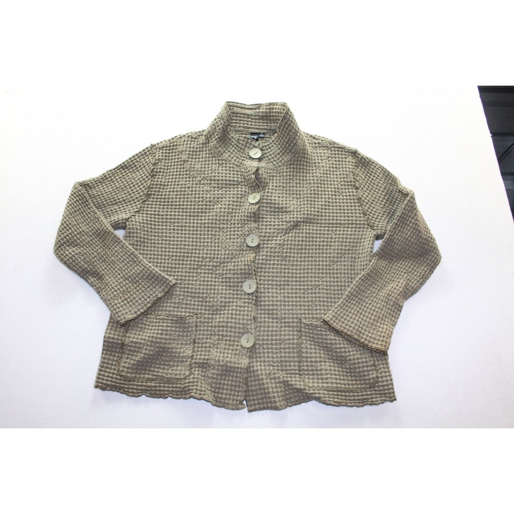 Focus Cardigan Jacket Womens Medium Taupe Good Cotton Waffle Knit Button Front